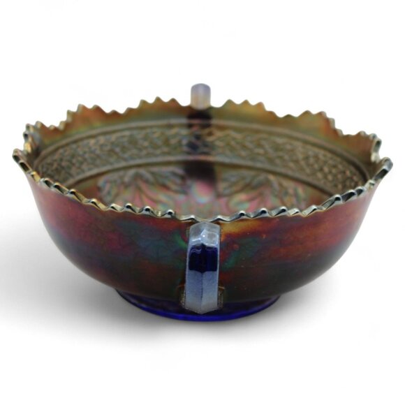 Vintage Fenton Carnival Glass Cherry Circles Bonbon Leaf & Bead Pattern Bowl Wit - Picture 4 of 7